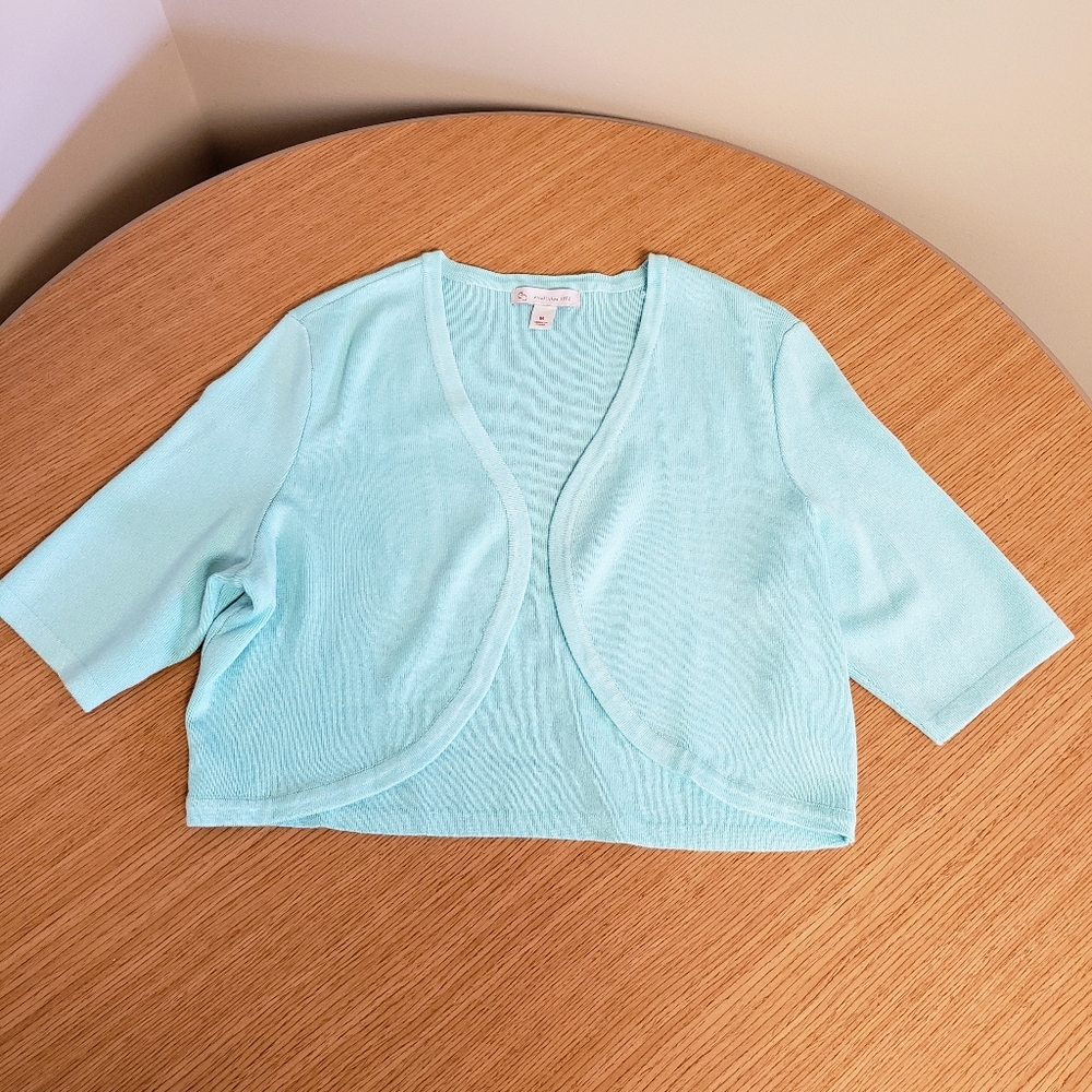 Womens 3/4 sleeve aqua shrug sweater
